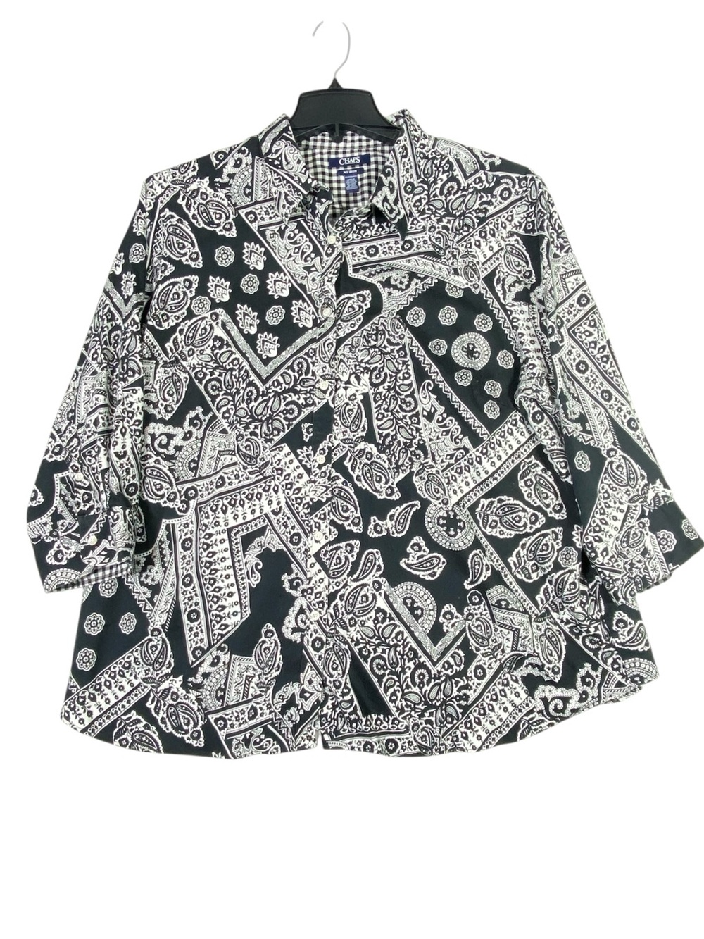 Chaps No Iron Button Down Blouse Women 3X Black White Paisly Bandana 3/4 Sleeve